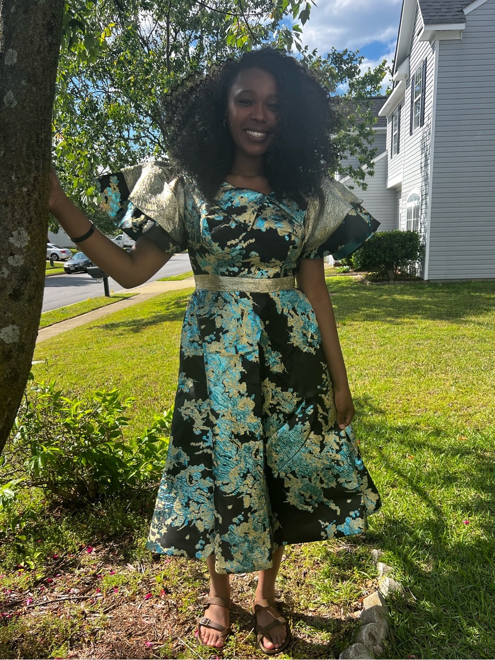 Black Midi Dress with Teal and Gold Luxury Damask Brocade - Elegant A-Line